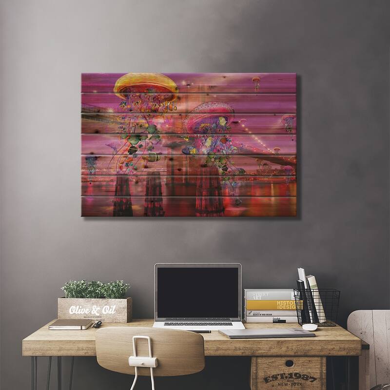 Electric Jellyfish Brooklyn Print On Wood by David Loblaw - Multi-Color