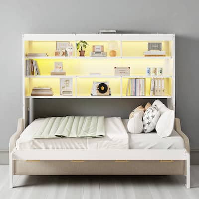 Full/Queen Size Murphy Bed with Fold-Out Sofa, LED Light, Storage Shelves, and Safety Lock - No Box Spring Needed