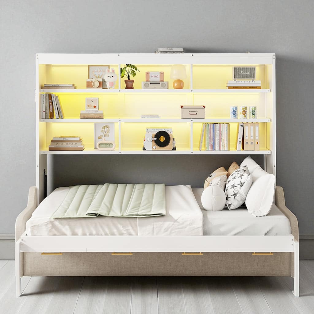 Full/Queen Size Murphy Bed with Fold-Out Sofa, LED Light, Storage Shelves, and Safety Lock - No Box Spring Needed