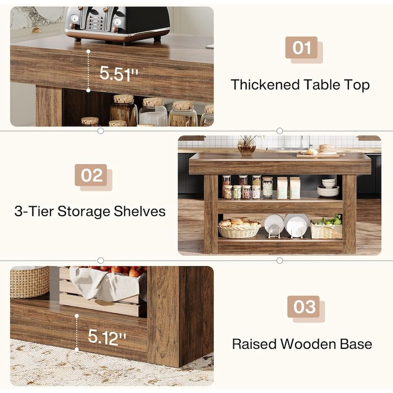 3-Tier Kitchen Island with Storage, Farmhouse Stationary Island Table, Coffee Bar Table