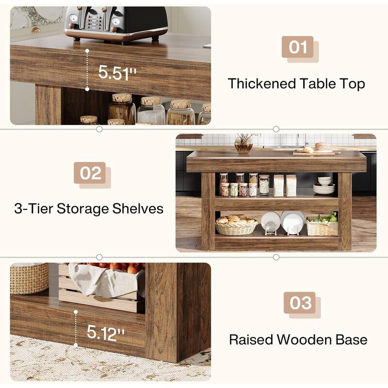 55-Inch Kitchen Island with Storage, Farmhouse 3-Tier Stationary Island Table