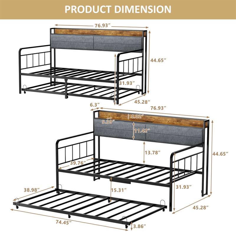 Modern Twin Size Daybed with Trundle,Upholstered Storage Headboard