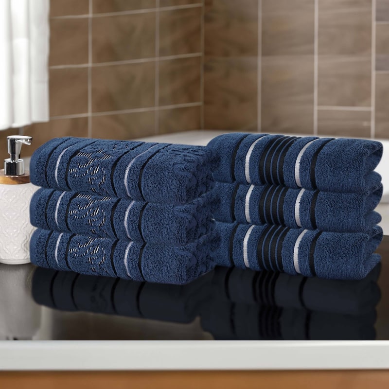 Superior Sadie Zero Twist Cotton Solid and Floral Hand Towel Set of 6 - Navy Blue