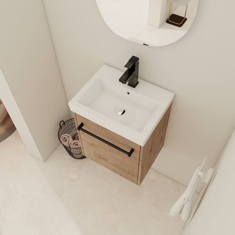 18'' Wall-Mounted Bathroom Vanity with Ceramic Sink, Soft-Close Door, and Storage for Small Spaces