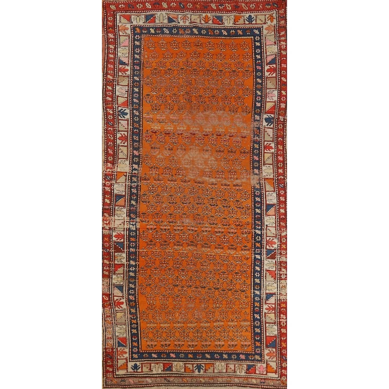 Hand Knotted Oriental 100% Wool Carpet Traditional Geometric Oranges & Rust Caucasian Runner Rug - 9' 3'' X 4' 0''