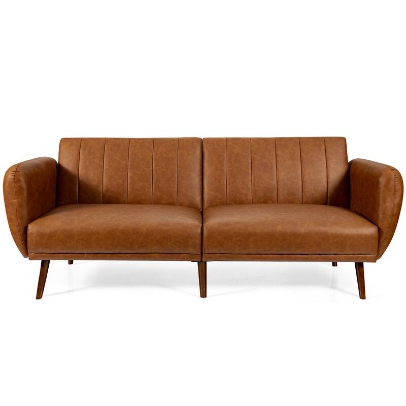 Gymax Convertible Futon Sofa Bed PU Adjustable Couch Sleeper w/Wood