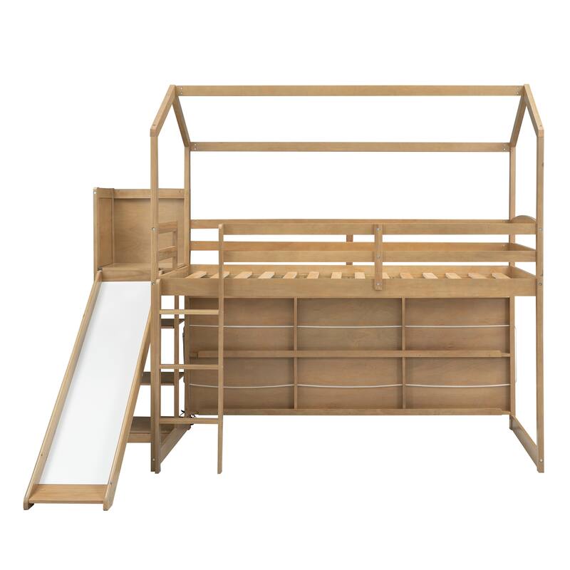 Twin Size Wood Loft Bed with Slide, Storage Shelves, and Climbing Ramp