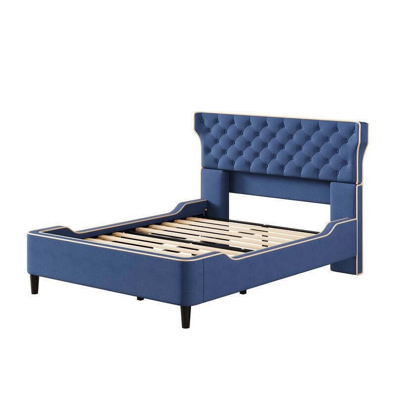 Christopher Knight Home - Aveline Modern Upholstered Platform Bed with Curved Back Headboard and Button Tufted Design