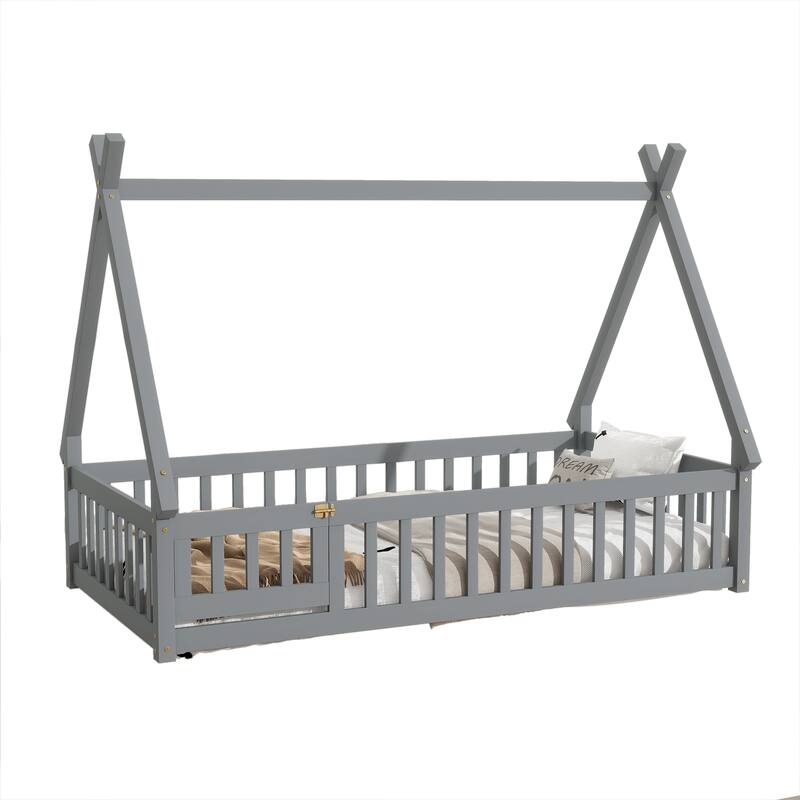 Twin Tent-shaped Floor Bed, Teepee Bed with Guardrails, Slats and Door, Grey