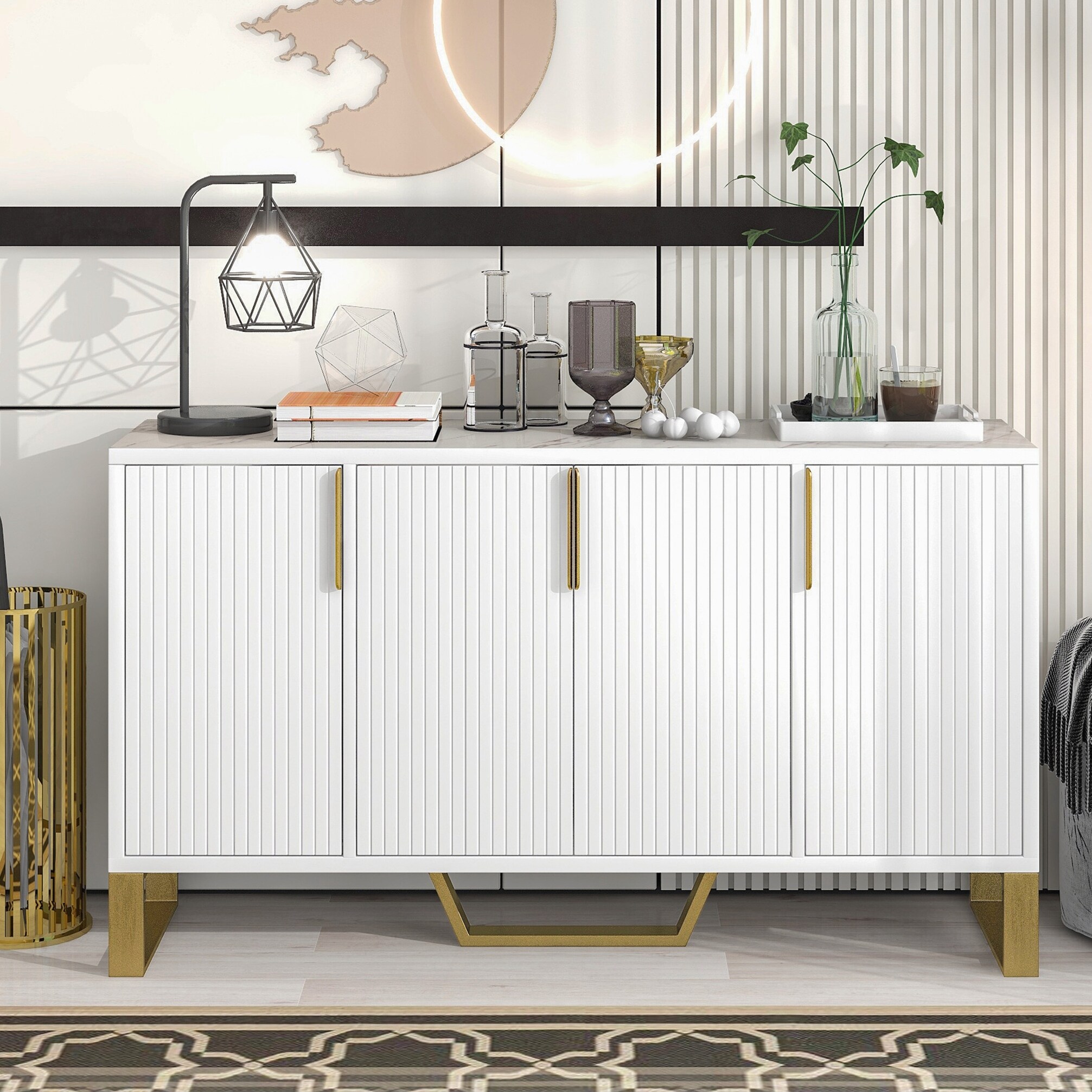 Modern sideboard with Four Doors, Metal handles & Legs and Adjustable Shelves Kitchen Cabinet