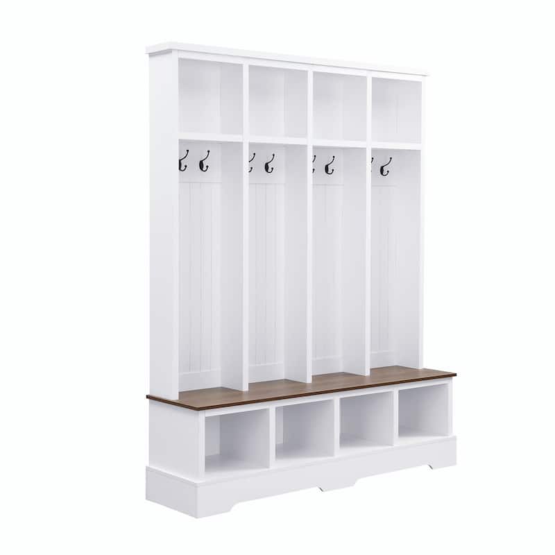 Farmhouse 59" Wide Hall Tree with 8 Hooks - Modern 3-in-1 Entryway Bench