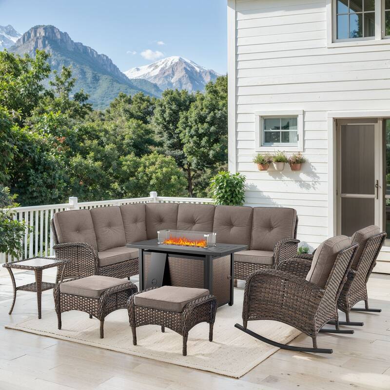 Fire Pit Table with Sectional Sofa Rocker Chairs Ottomans -Grey - Brown - Brown - Grey