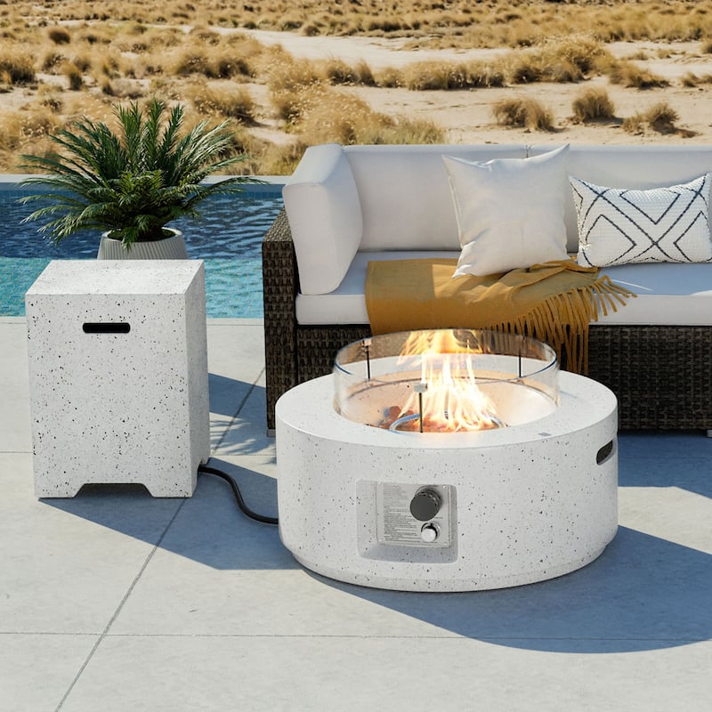 COSIEST 3-Piece Outdoor Round Fire Pit with Tank Cover, Wind Guard - White