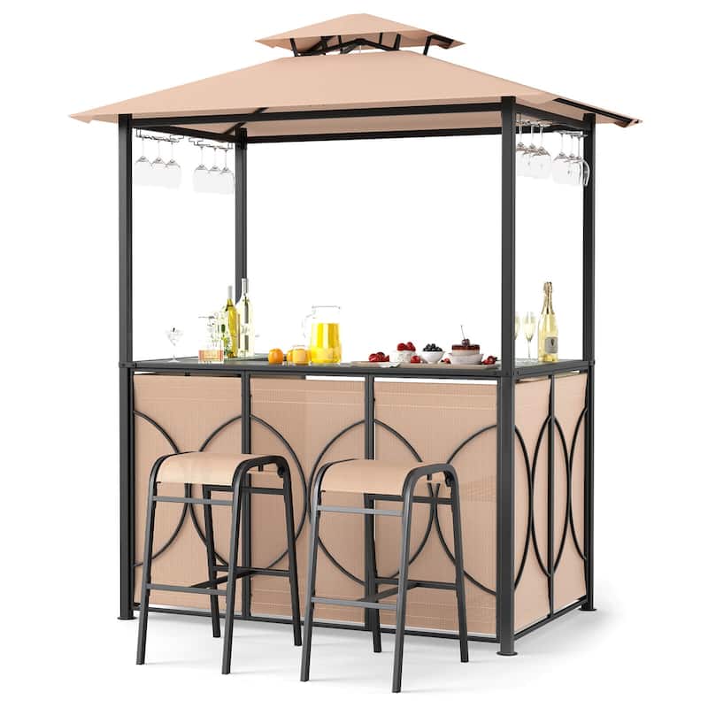 Costway 6.5 x 4 x 8 FT Grill Gazebo Set with 2 Bar Stools, Tempered - See Details - Brown