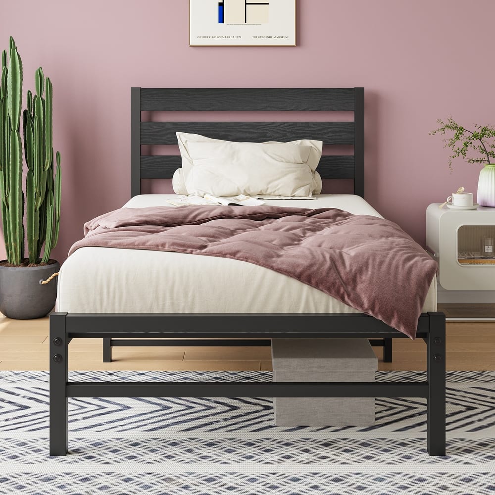 Modern Style Metal Platform Bed with Rustic Vintage Wooden Headboard for Bedroom