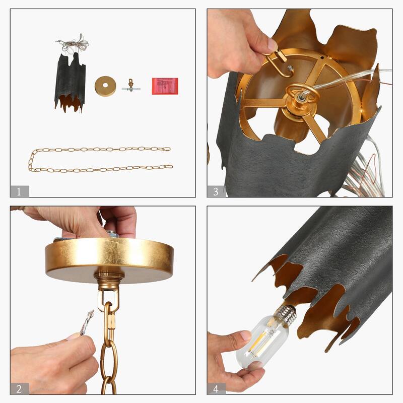 Modern 1-Light Black Gold Irregular Drum Pendant with Adjustable Chain for Kitchen Island