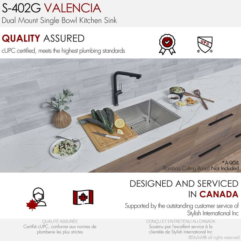 STYLISH Dual-Mount 31" Single-Bowl Stainless Steel Kitchen Sink with Grid and Strainer - 31" x 18" x 9"