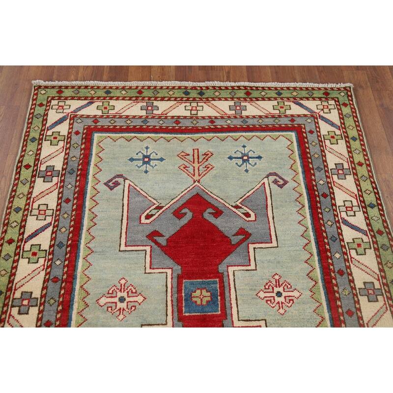 Green Kazak Accent Rug Hand-Knotted Wool Carpet - 3'6" x 4'11"