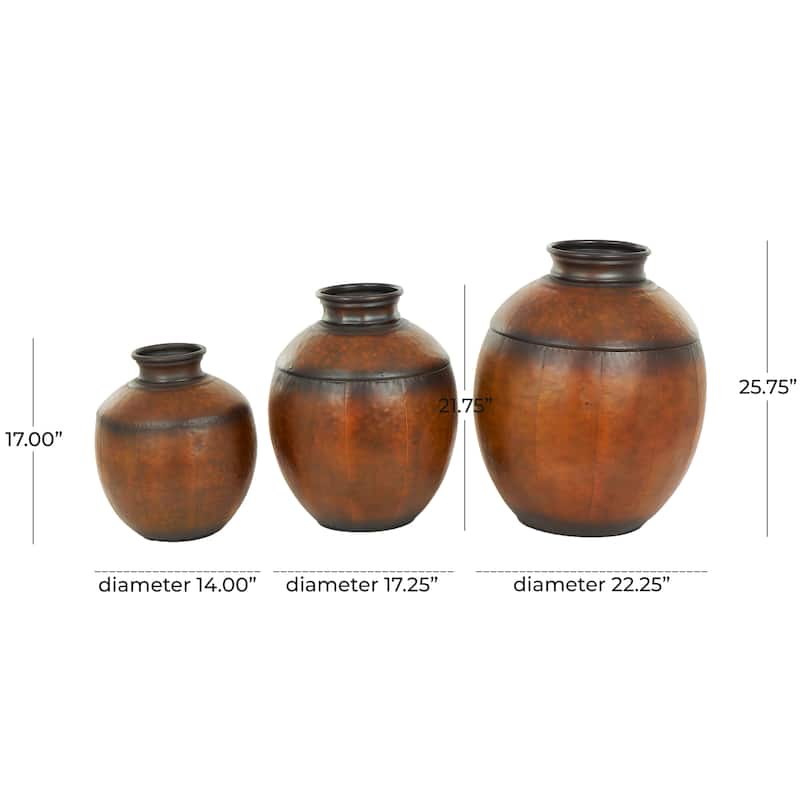 Metal Antique Style Round Pot Floor Vase - Set of 3 Brown - Roche River Decor - 22"W x 22"L x 26"H