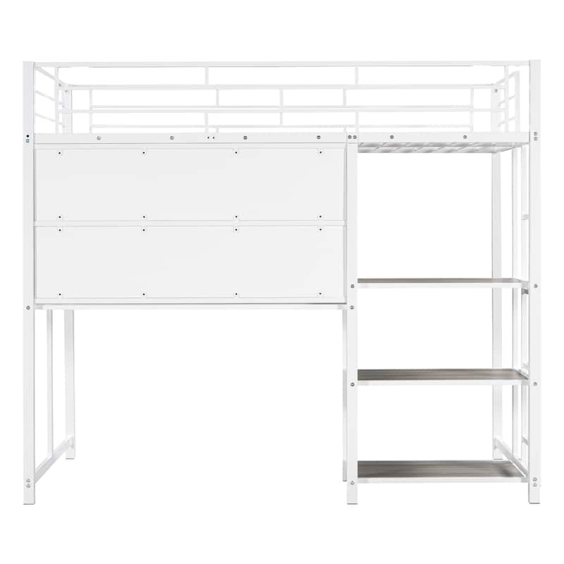 Roomfitters Twin Size Loft Bed with Desk and Whiteboard, Metal Loft Bed with 3 Shelves and Ladder, Durable & Easy to Assemble