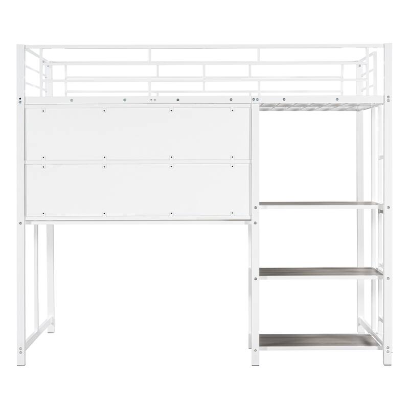 Twin Size Metal Loft Bed with Desk, Whiteboard, and Shelves