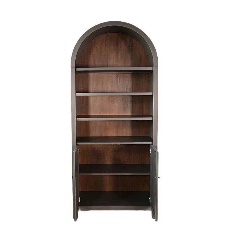 Xeny Arched Display Cabinet, 3 Shelves w 2 Doors, Gray Mahogany Wood