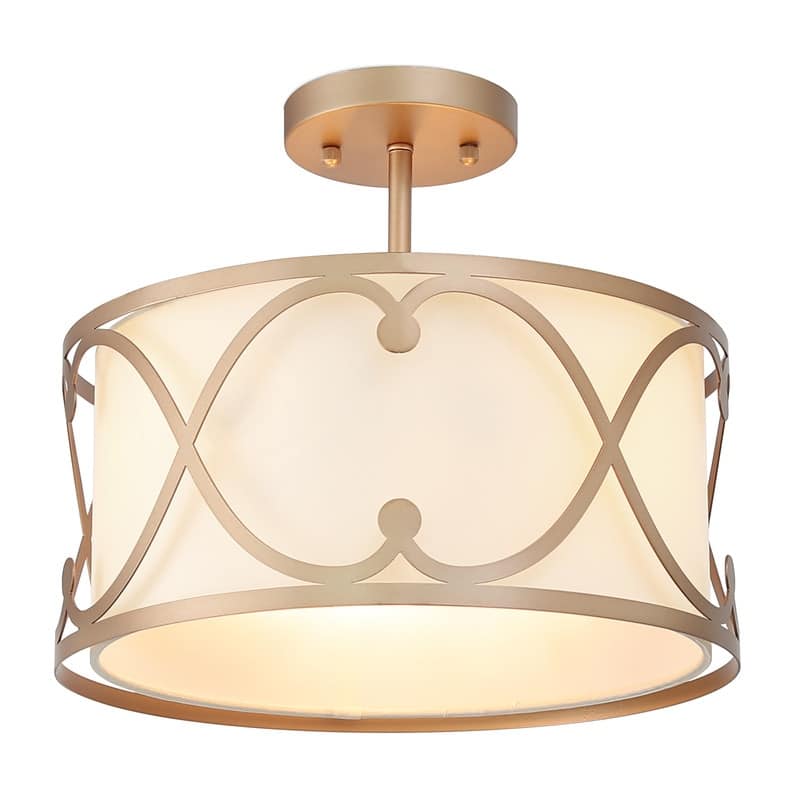 Mid-century Modern Gold Semi-Flush Mount Drum 3-light Crown Fabric Ceiling Light - D 13"x H 11"