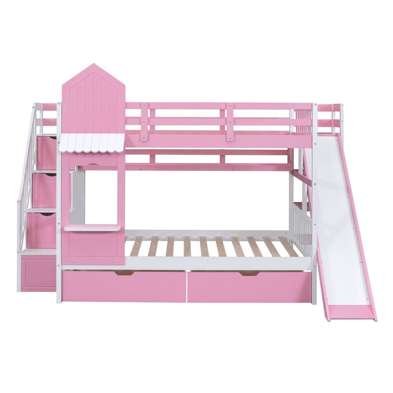Pink Full-Over-Full Castle Bunk Bed with Drawers, Shelves, and Slide