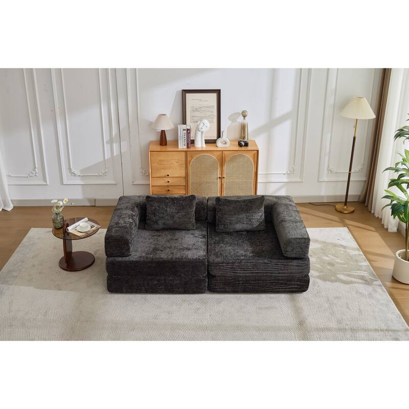 2-in-1 Foldable Sofa Bed Floor Sofa Couch with Armrests, Convertible Lounge Sofa for Living Room Bedroom - Black