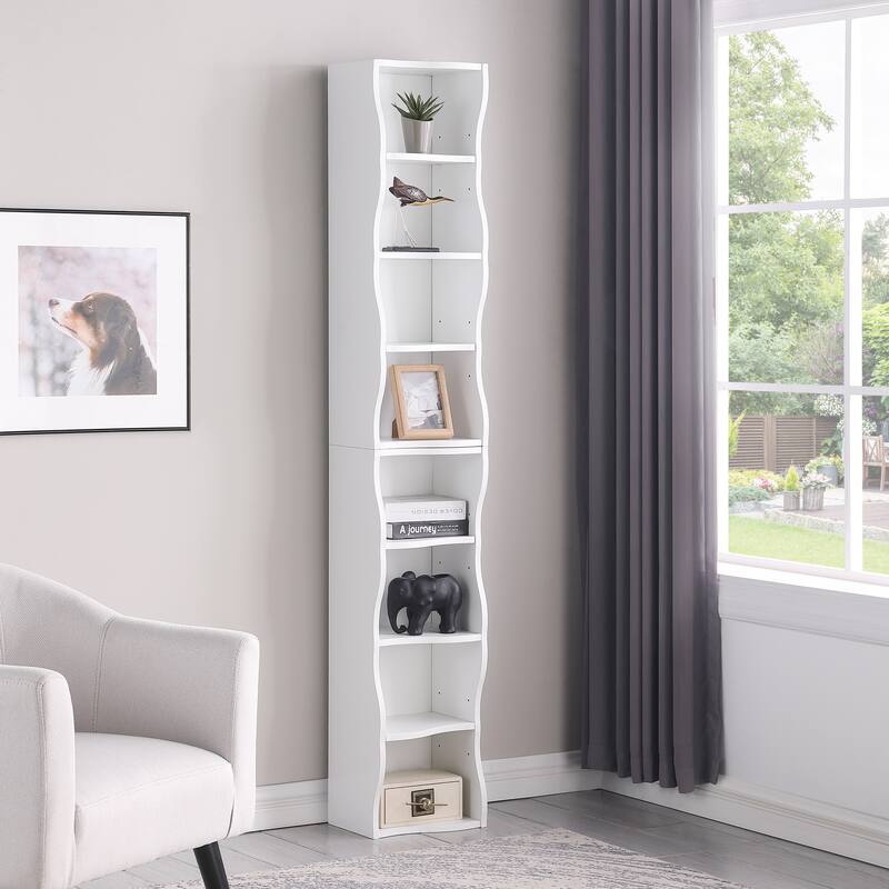 Roomfitters 8-Tier Tall Narrow Bookcase with Wavy Edge Design, Adjustable Shelves Slim Bookshelf for Living Room or Office - White