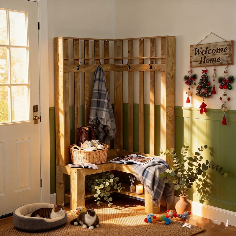 L-Shaped Entryway Hall Tree For Mudroom, Hallway,Closet