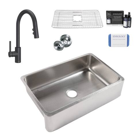 Lange Crafted Stainless Steel 32" Single Bowl Farmhouse Apron Kitchen Sink with Black Faucet Kit