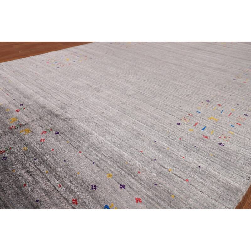 Gray & Green Striped Gabbeh Oriental Area Rug Handmade Silk Carpet - 5'2" x 7'10"