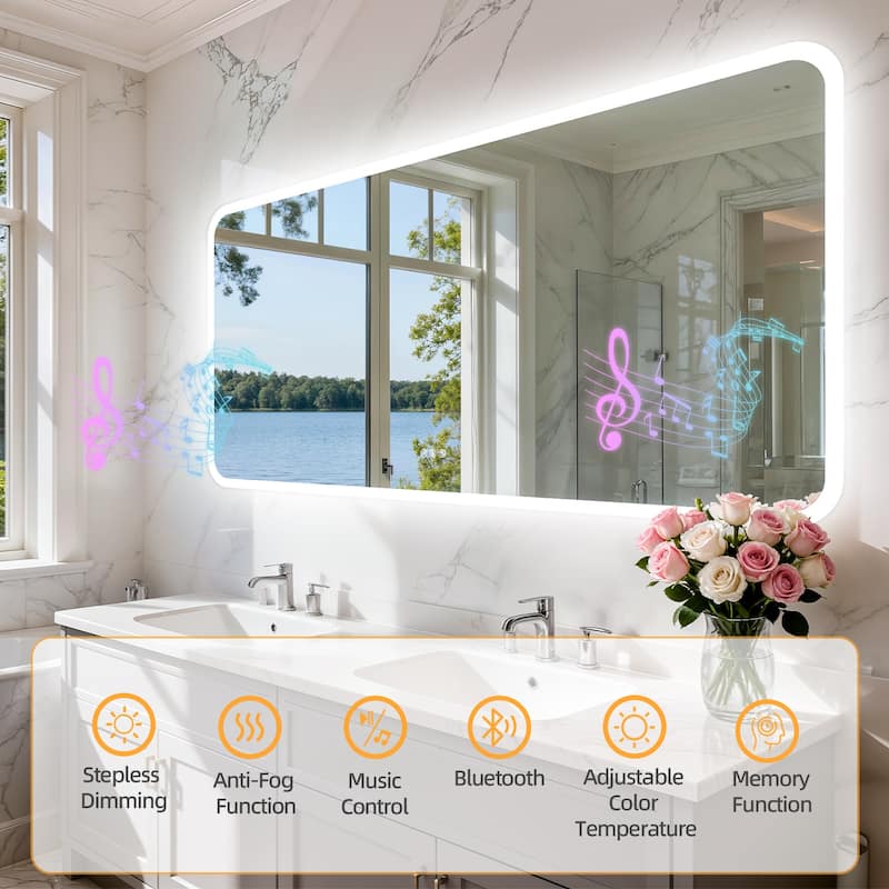 Bluetooth Speaker Smart LED Illuminated Tempered Glass Lighted Bathroom Mirror Backlight Wall Makeup Mirror