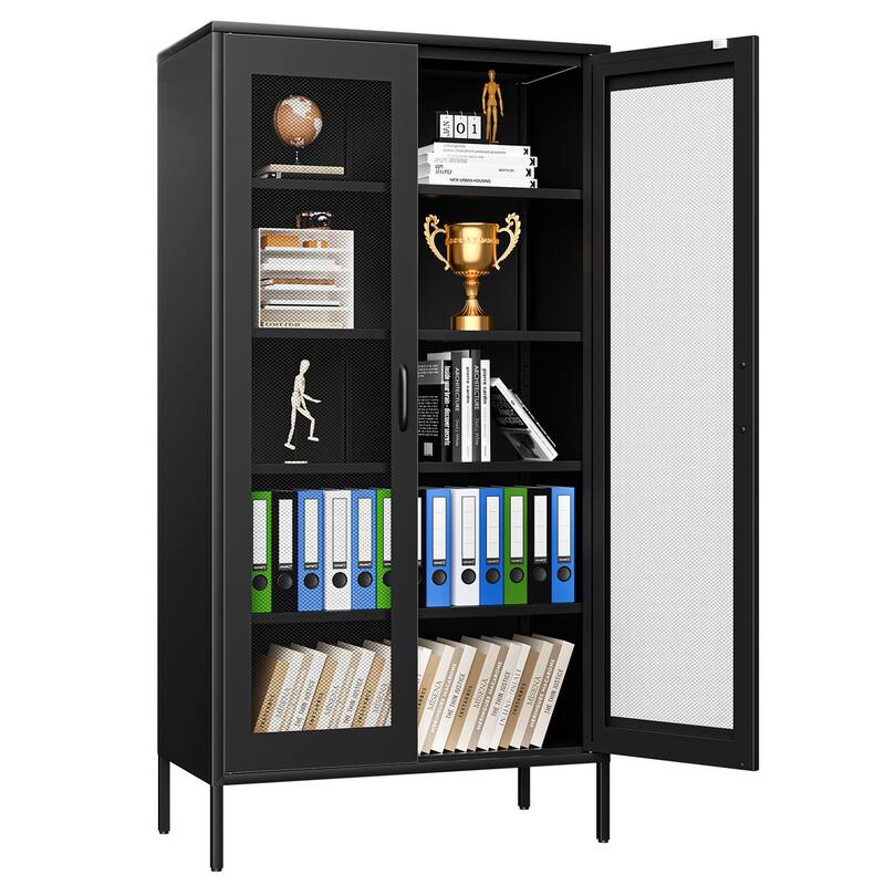 Mesh Door Metal Storage Cabinet with 4 Adjustable Shelves, Ventilated Pantry Cabinet Home Office File Cabinet