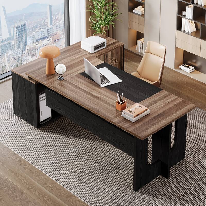 74.8-Inch L Shaped Executive Desk, Large Office Computer Desk with Cabinet and Shelves for Home Office