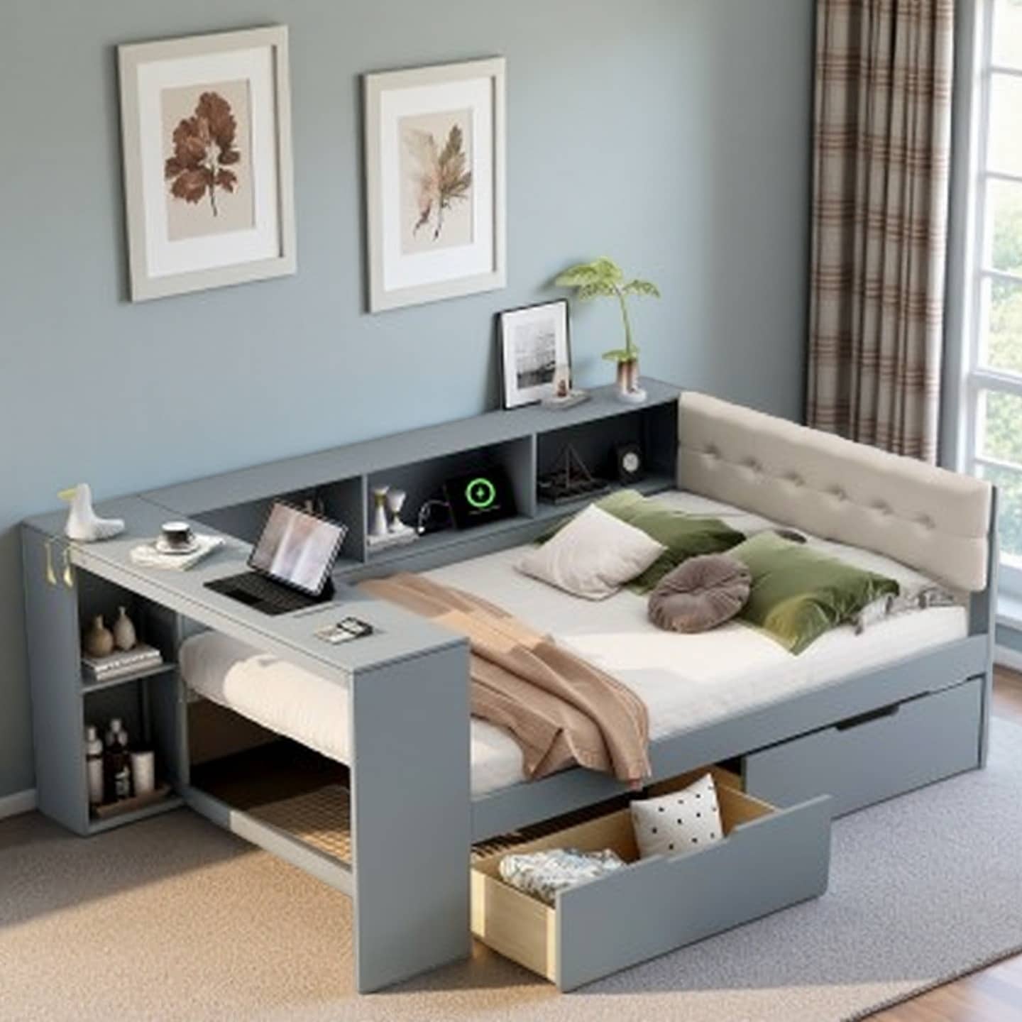 Platform Bed with Upholstered Headboard, Built-In Storage Drawers & Shelves, USB Charging Station, Solid Wood & MDF Construction
