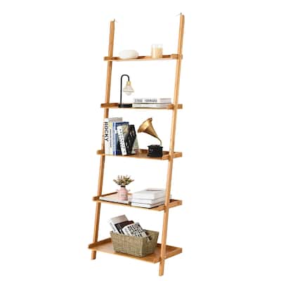 Costway 5-Tier Ladder Shelf Bamboo Bookshelf Wall-Leaning Storage - See Details