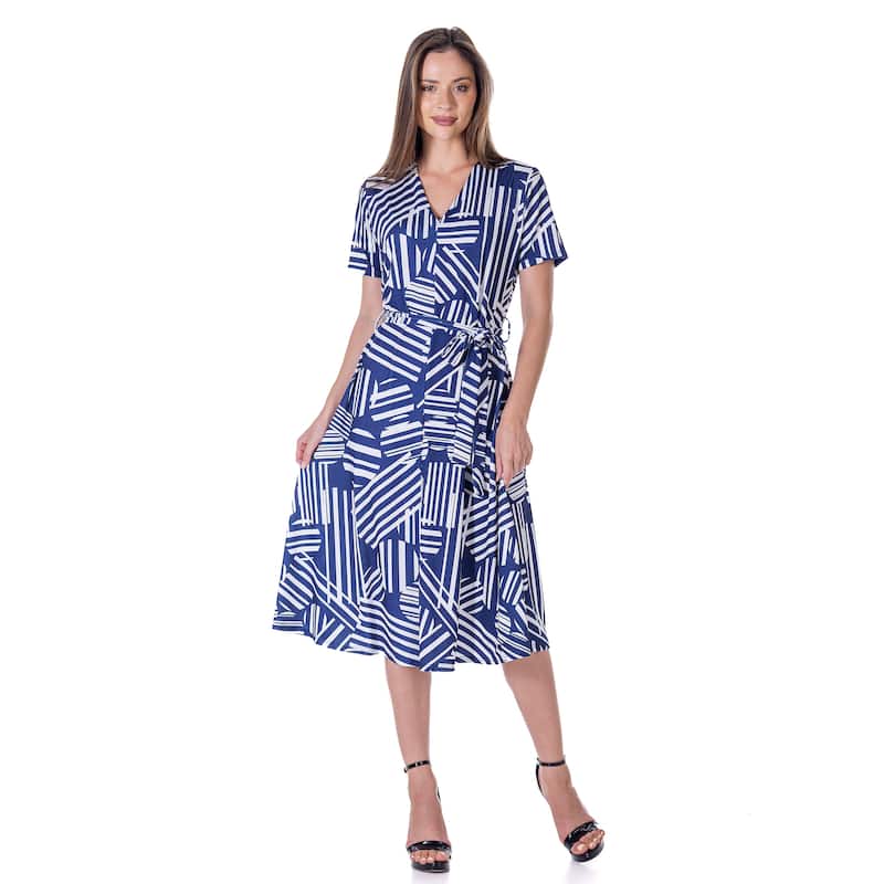 24seven Comfort Apparel Womens Navy and White Short Sleeve Tie Waist Midi Dress - Navy/White - S