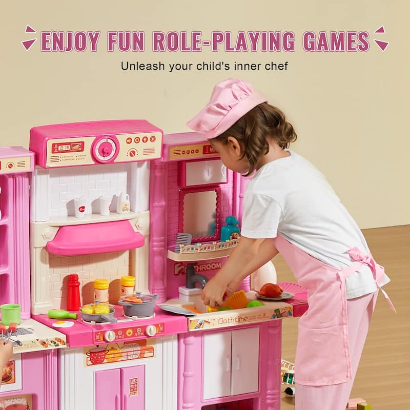 74 Piece 3-in-1 Pink Kids Kitchen Playset Toy Perfect for Group Play - 50" (L) x 11" (W) x 35" (H)
