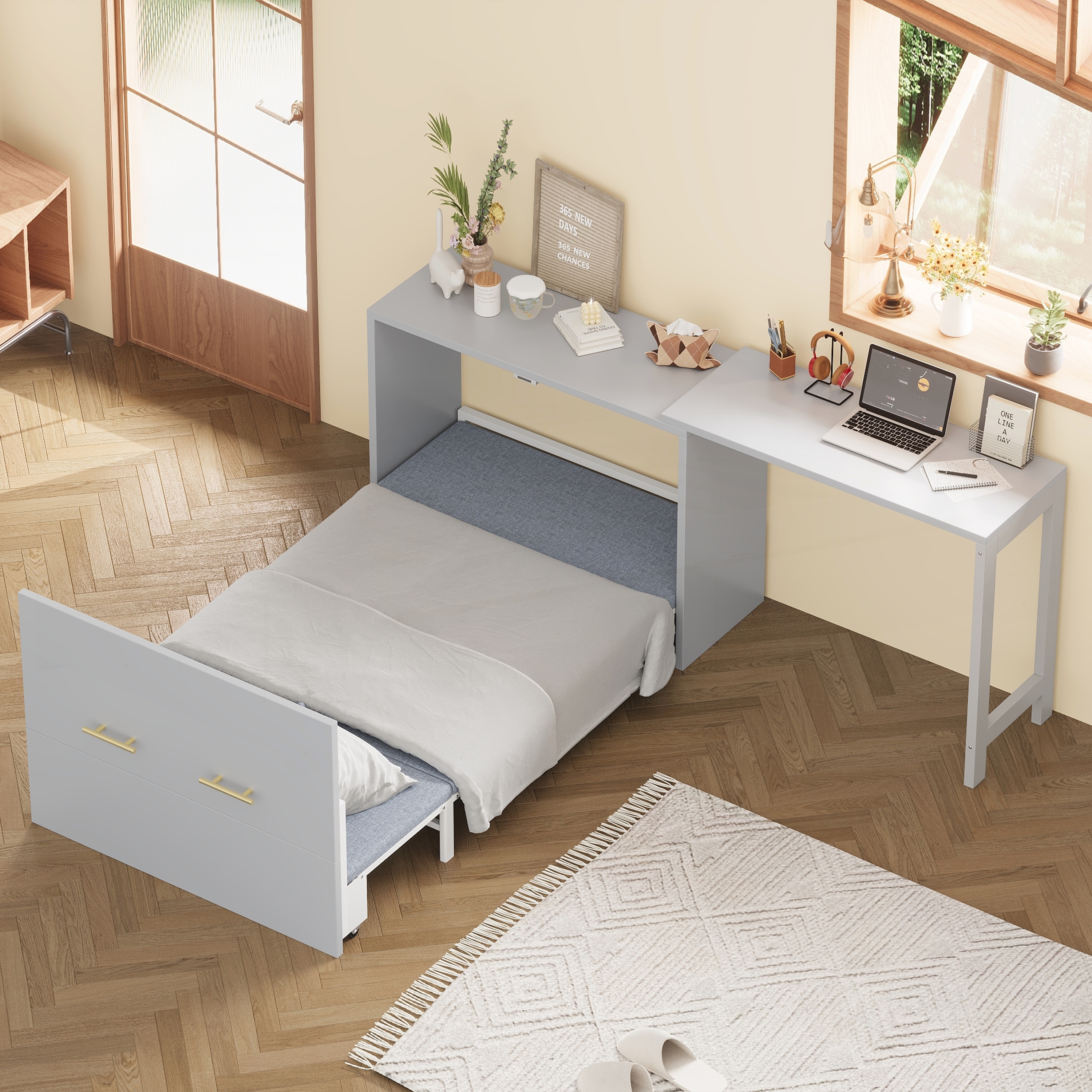 Twin Size Murphy Cabinet Bed with Adjustable Position Desk, Murphy Chest Dresser Bed with Foldable Cushion for Guest Room
