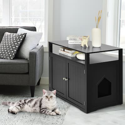 Wooden Cat Litter Box Enclosure Hidden Cat Washroom w/ Storage Layer
