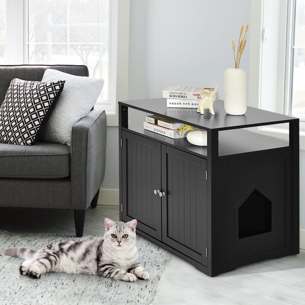 Wooden Cat Litter Box Enclosure Hidden Cat Washroom w/ Storage Layer