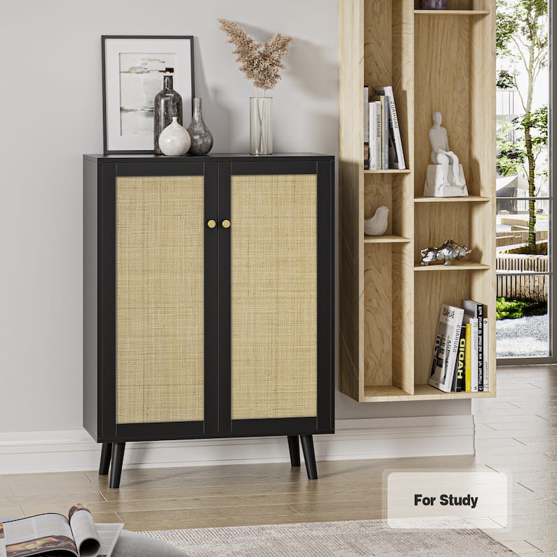 Anmytek Modern 2-Door Black Buffet Sideboard Storage Cabinet Accent Cabinet with Adjustable Shelves - 31.5"W x 13.4"D x 44"H