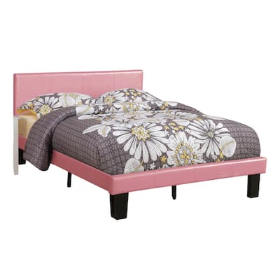 Traditional Wooden Full Bed with Faux Leather Upholstery, Pink