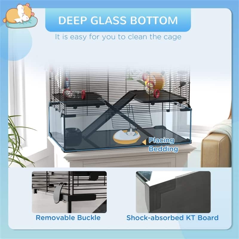 Black-Transparent Tempered Glass Hamster Cage with Steel Frame and Accessories - 31" L x 19" W x 22.4" H