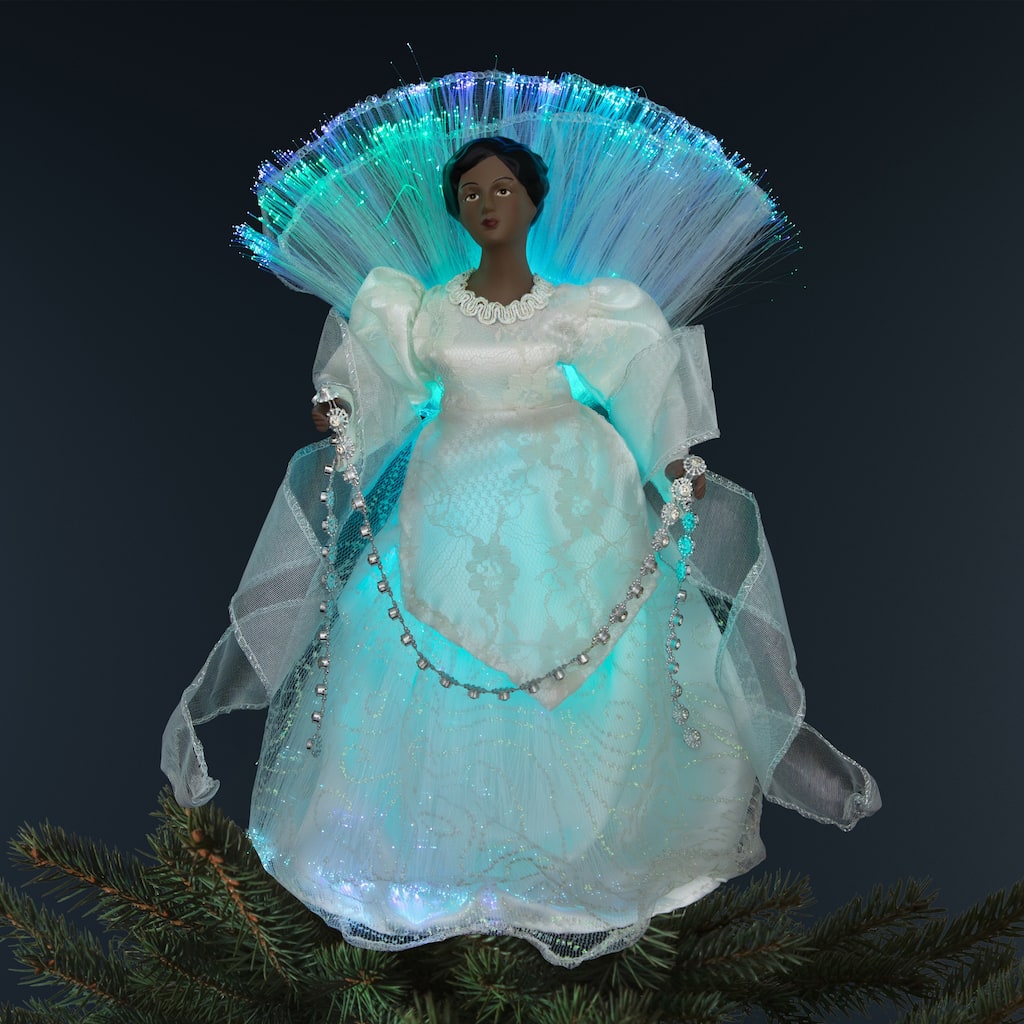 Lighted Fiber Optic African American Angel Christmas Tree Topper - 12" - Silver
