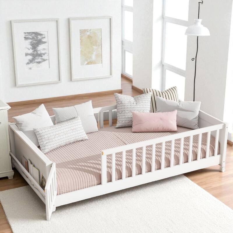 Twin Size Floor Platform Bed with Guardrails, Revolving Door and Built-in Book Rack - White - Twin