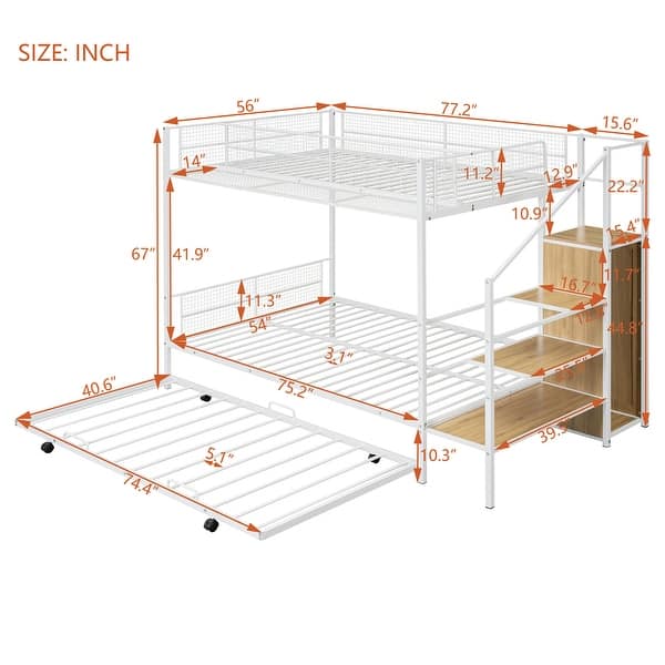 dimension image slide 1 of 2, Twin Over Full Metal Bunk Bed with Trundle & Storage Ladder & Wardrobe