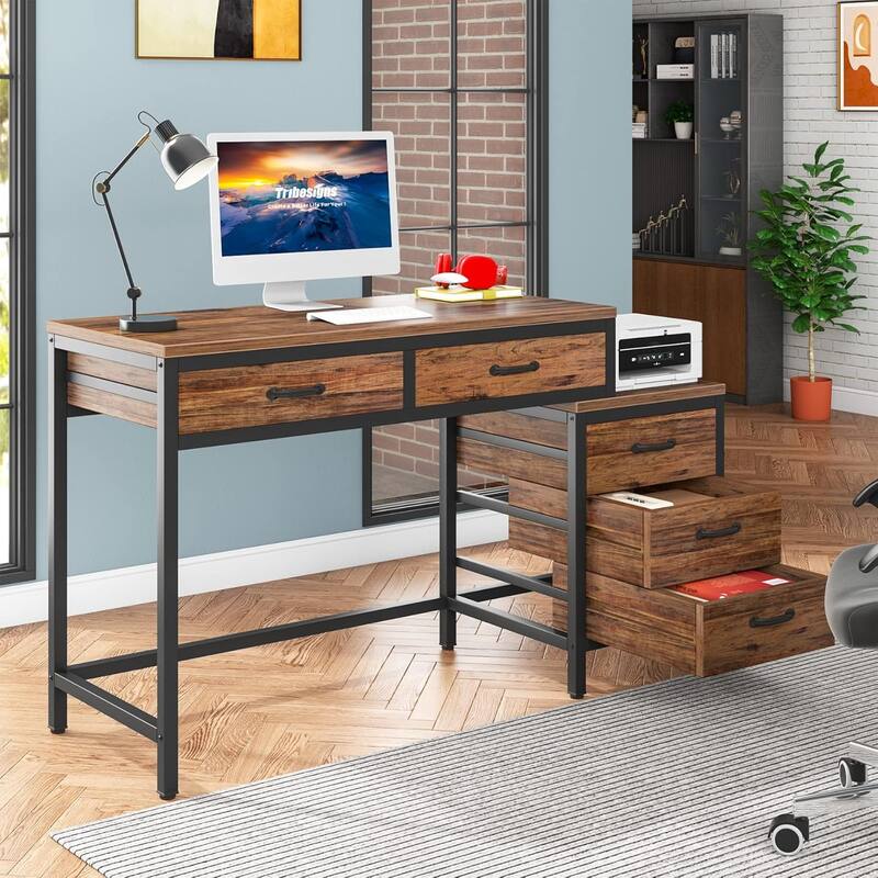 Modern Computer Desk with 5 Drawers, Home Office Desks with Reversible Drawer Cabinet Printer Stand - Black+Brown